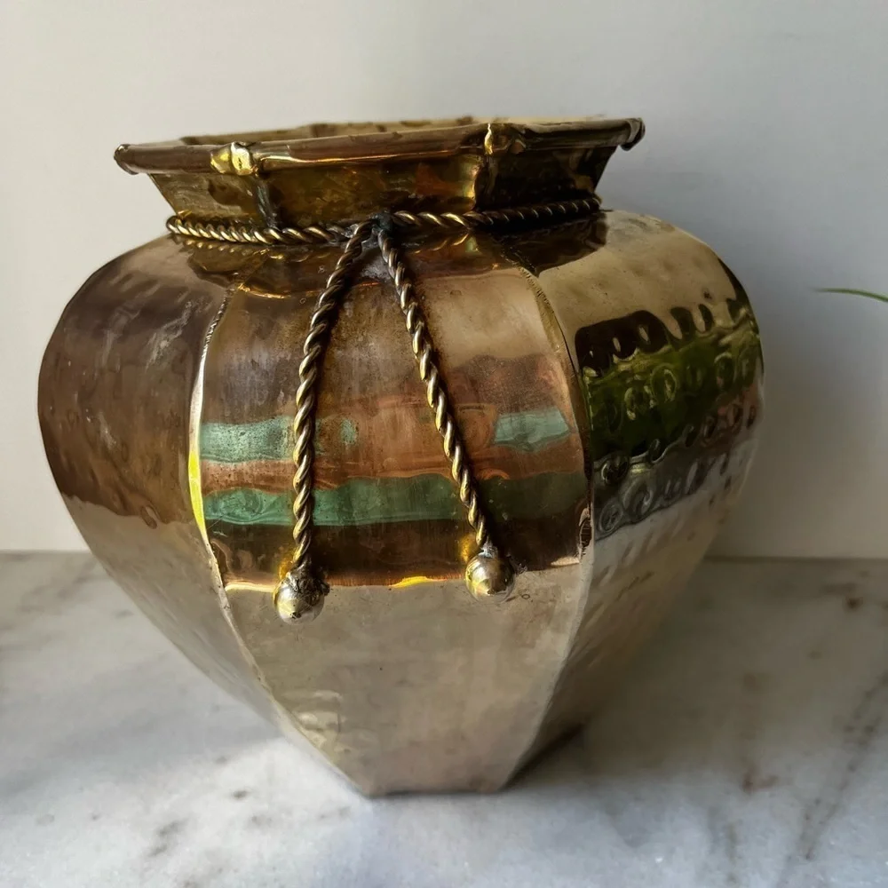 Elegant Gold Vase with Rope Detail vintage brass planter